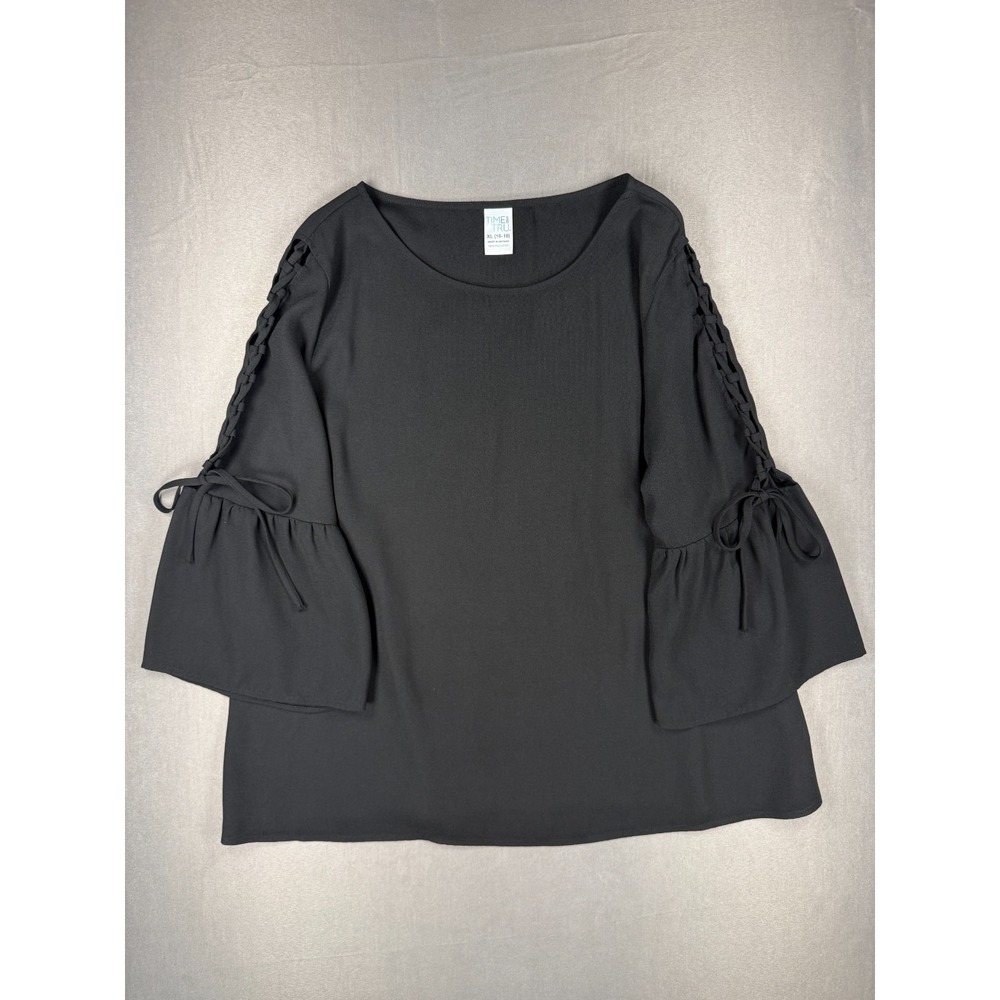 Time And Tru Size XL Lightweight Black Bell Sleeve Blouse With Lace Arm Trim
